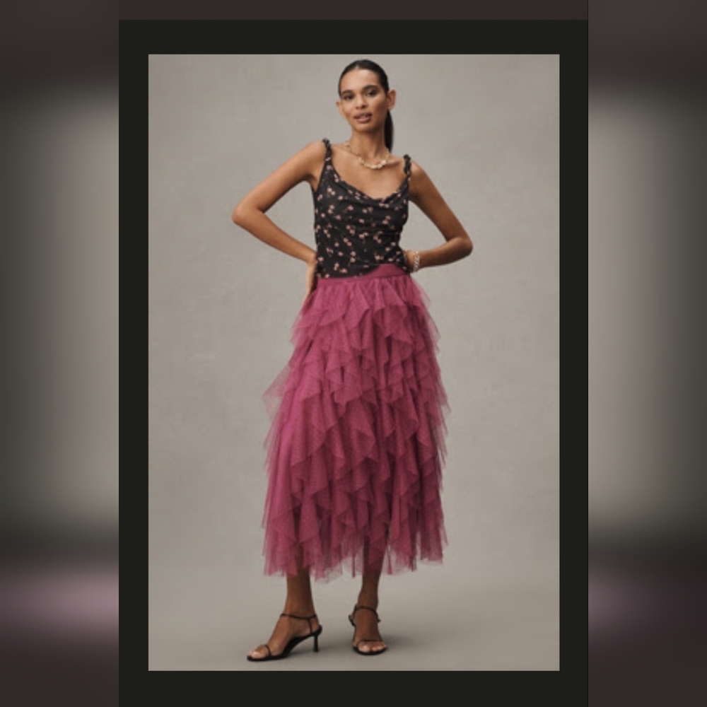 NWT The Chéri Ruffled Tulle Midi Skirt by Anthropologie Pink Size L
